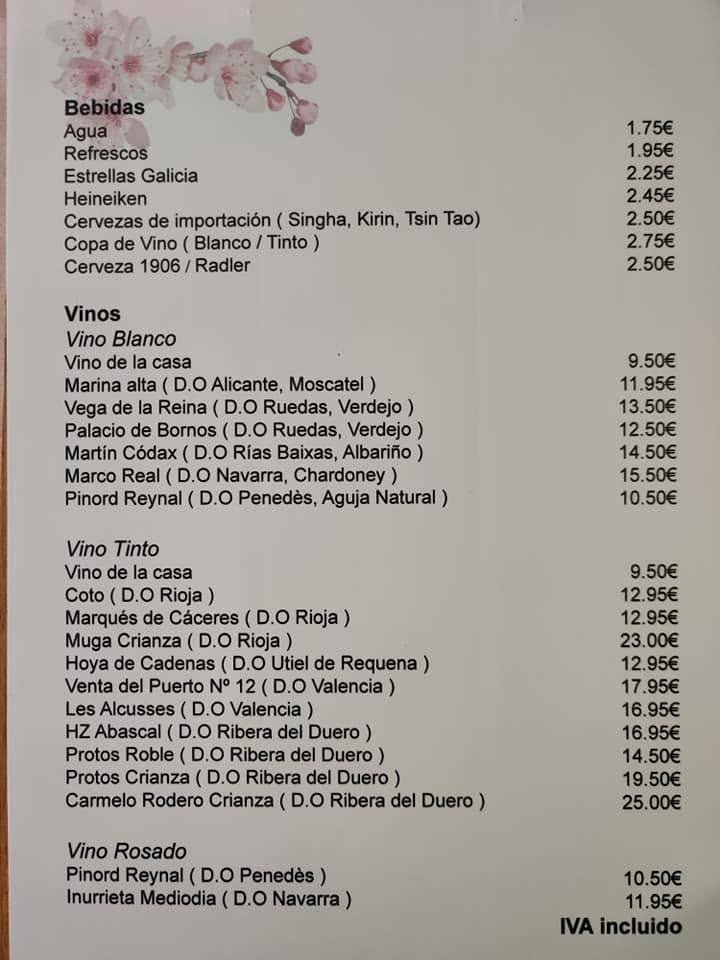 Carta de Restaurante Wok Llíria
